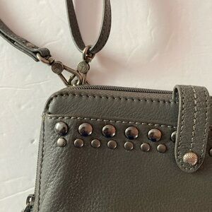 The Sak Iris olive leather Studded Wallet,Crossbody,Wristlet,smart phone holder.